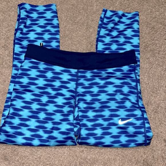 Nike Pro Dri-Fit Leggings Small Blue Black Geometric Print Running Tights - Picture 1 of 5